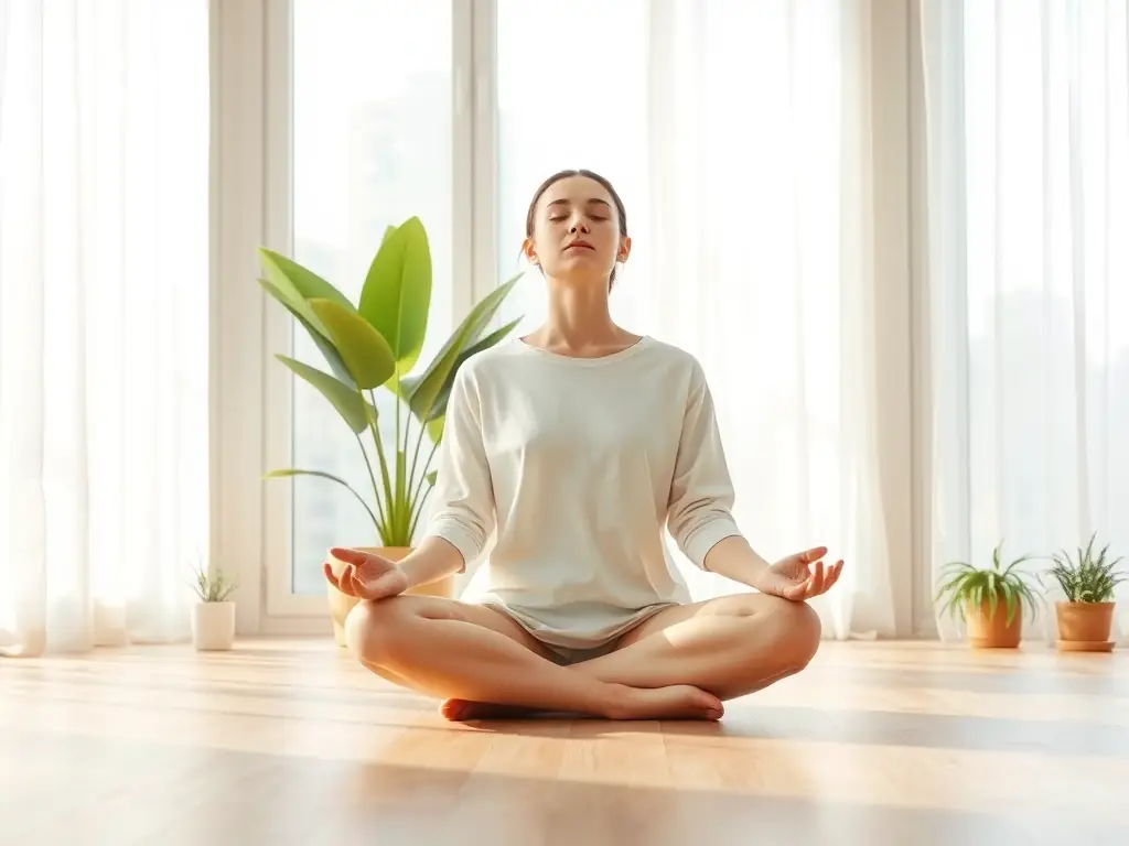 A person meditating in a peaceful environment, representing mindset training, with soft, natural lighting and a focus on mental clarity.